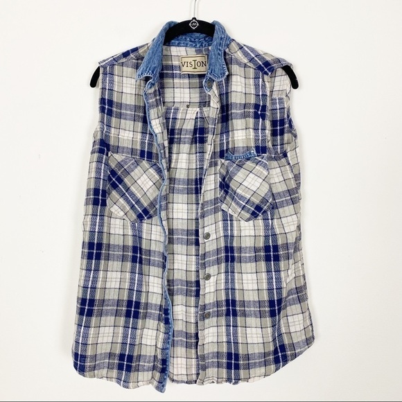 VINTAGE VISION Blue Gray Plaid Knit Jean Collar Button Shirt Vest Large Grunge - Picture 2 of 6